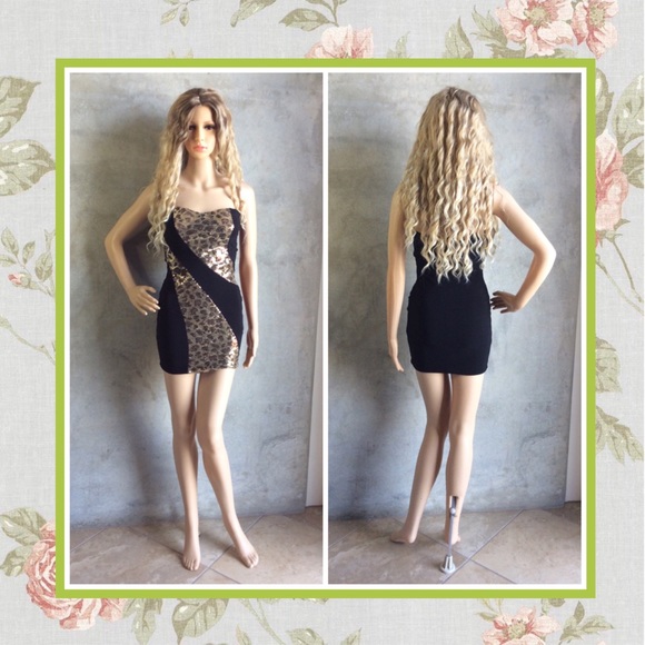 🍒 ANIMAL PRINT LEPORD DRESS MINI SHORT BLING GOLD CLUB SLIM PETITE SPARKLE - Picture 5 of 7